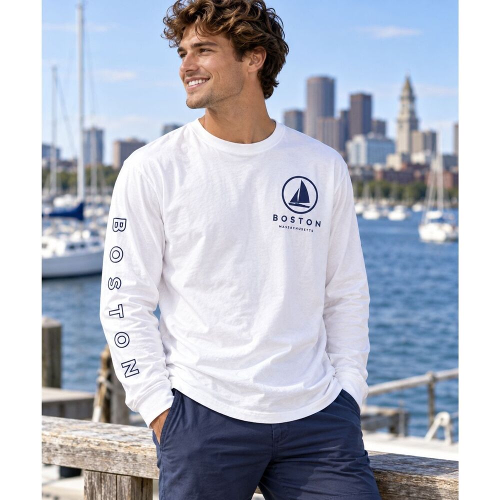 Boston Massachusetts Sailboat Long Sleeve Shirt Mens M White Coastal Nautical